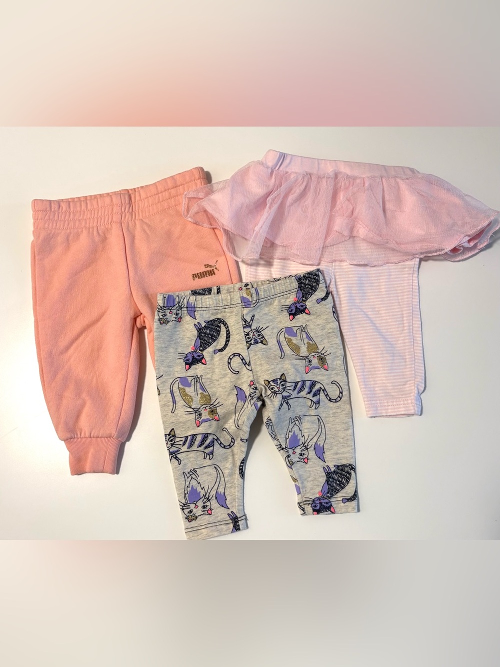 Puma Pink Sweatpants with Gray Cat-Print Leggings and Pink Tutu Trim